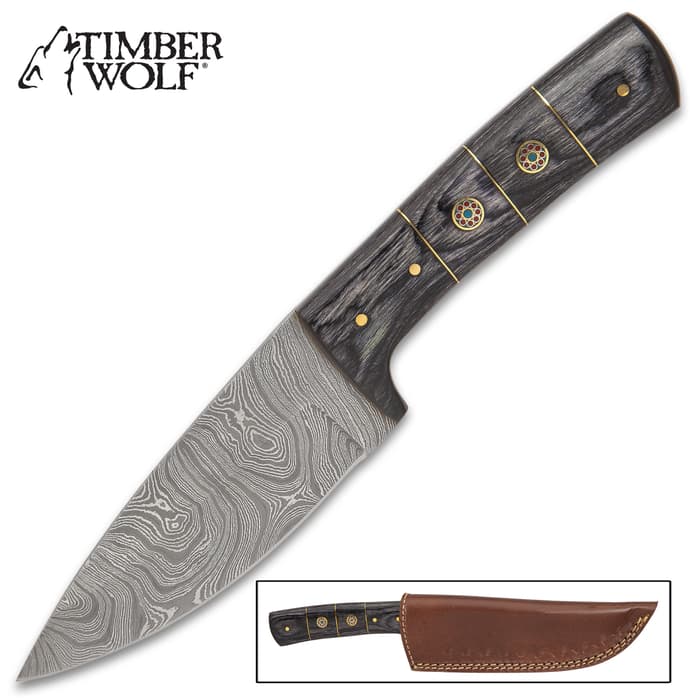 Timber Wolf Mule Knife And Sheath - Damascus Steel Blade, Wooden Handle, Brass Pins, Mosaic Pins - Length 9”