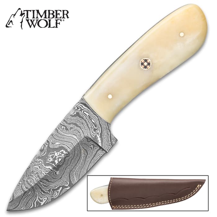 Timber Wolf Siberian Fixed Blade Knife With Sheath - Damascus Steel Blade, Genuine Bone Handle, Rosette Accents - Length 7 1/2”