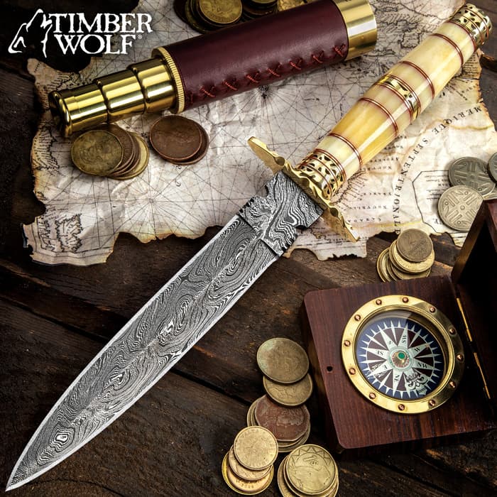 Timber Wolf Joaquin Handmade Dagger / Fixed Blade Knife - Hand Forged Damascus Steel - Genuine Bone Handle - Leather Sheath - Collecting, Field Use, Display and More - 13"