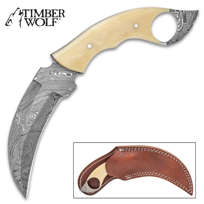 Timber Wolf Creamy Bone Karambit Knife With Sheath - Damascus Steel Blade, Micarta Handle Scales - Length 9 1/4”