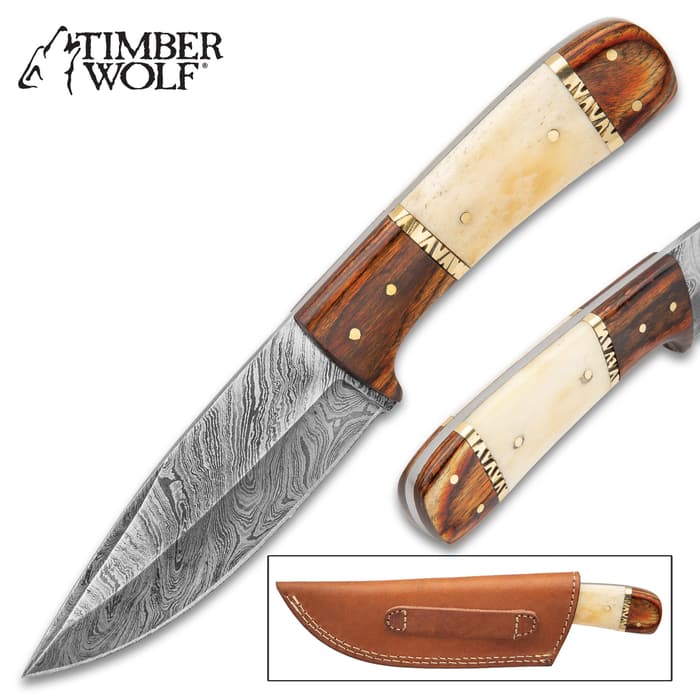 Timber Wolf Workhorse Fixed Blade Knife - Damascus Steel Blade, Wood And Bone Handle, Brass Pins And Spacers - Length 9”