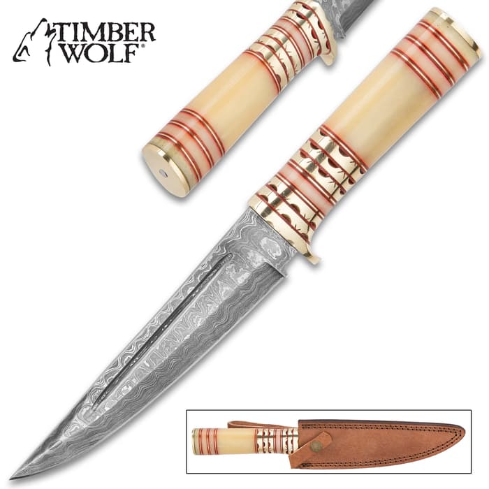Timber Wolf Phoenician Knife With Sheath - Stainless Steel Blade, Etched Fire Pattern, Bone Handle - Length 12”