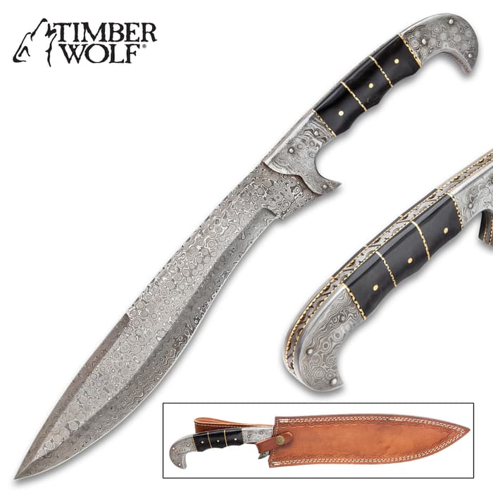 Timber Wolf Osiris Machete - Damascus Steel Blade, Wooden Handle Scales, Filework, Brass Pins, Damascus Steel Pommel - Length 18”