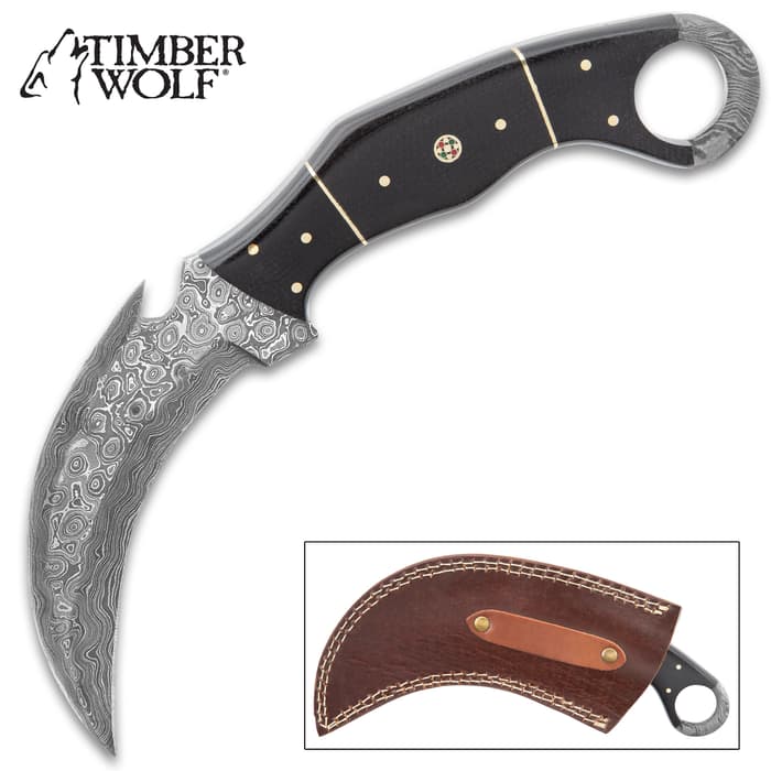 Timber Wolf Attila Karambit Knife has a curved Damascus steel blade with gut hook, black Micarta handle scales, and brown sheath.