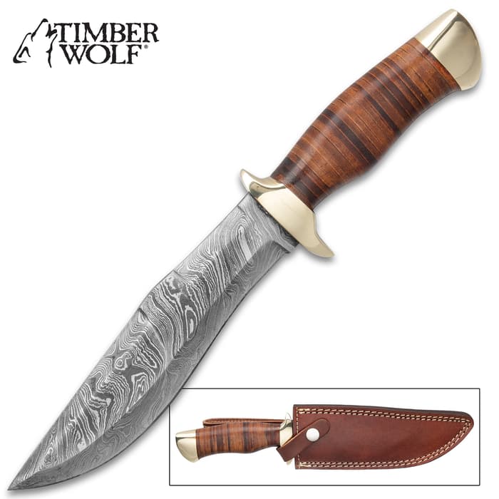 Timber Wolf Petra Temple Knife With Sheath - Damascus Steel Blade, Stacked Wooden Handle, Brass Pommel And Guard - Length 12”