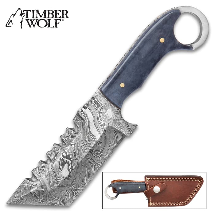 Timber Wolf SawShark Knife With Sheath - Damascus Steel Blade, Grey Bone Handle Scales, Open Ring Pommel, Brass Pins - Length 7 1/2”