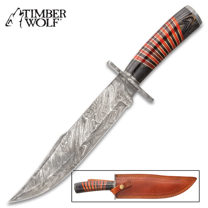 Timber Wolf Red River Knife With Sheath - Damascus Steel Blade, Fileworked Spine, Banded Wooden Handle, Brass Spacers - Length 14”