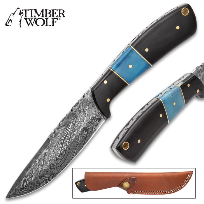 Timber Wolf Water Buffalo Fixed Blade Knife With Sheath - Damascus Steel Blade, Fileworked Spine, Buffalo Bone Handle Scales - Length 9”