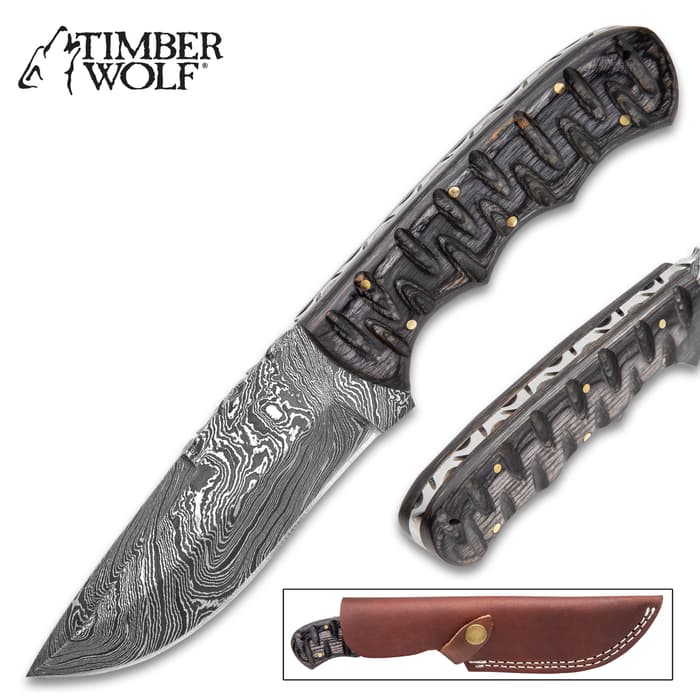 Timber Wolf Black Hills Fixed Blade Knife With Sheath - Damascus Steel Blade, Fileworked Spine, Pakkawood Handle Scales - Length 9”