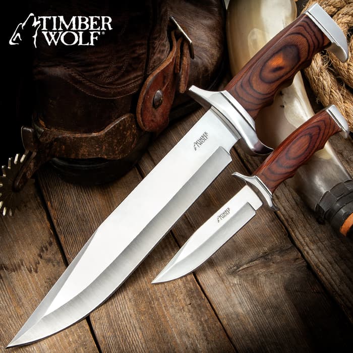 Timber Wolf Two-Piece Trekker Knife Set And Sheath - Stainless Steel Blades, Pakkawood Handles, Stainless Steel Guard And Pommel