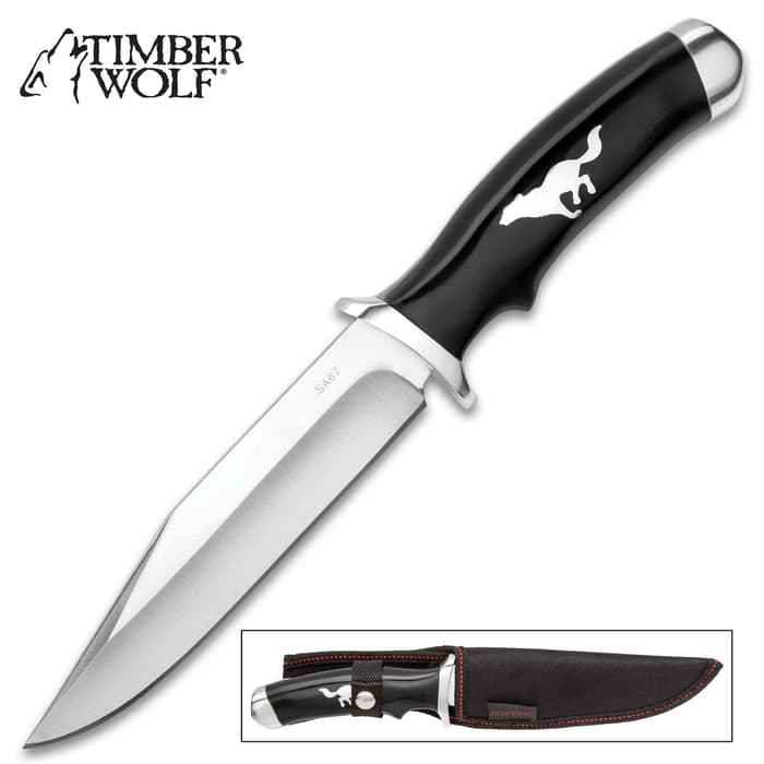 Timber Wolf Running Wolf Fixed Blade Knife With Sheath - 3Cr13 Stainless Steel Blade, Polyresin Handle, Stainless Steel Pommel - Length 11”