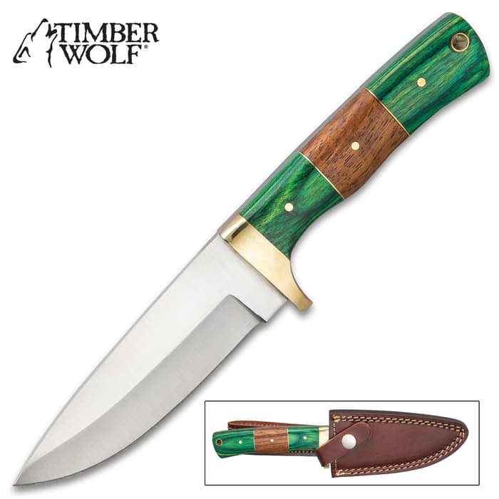 Timber Wolf Forester Knife With Sheath - Stainless Steel Blade, Wooden Handle Scales, Brass Handguard - Length 9”