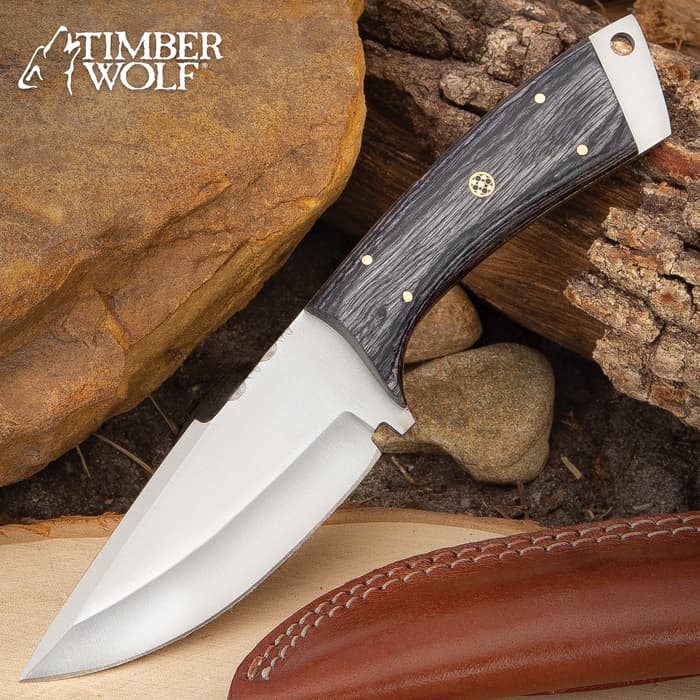 Timber Wolf Grayback Knife With Sheath - Stainless Steel Blade, Filework, Wooden Handle Scales, Brass Pins - Length 9”