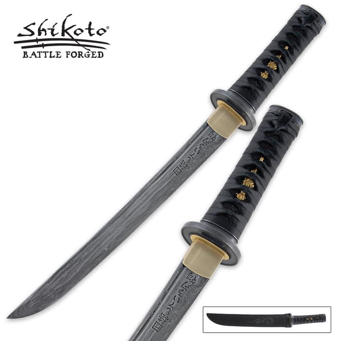 Shikoto Damascus steel tanto sword has black ray skin handle with cord wrappings and brass menuki with coordinating black sheath. 