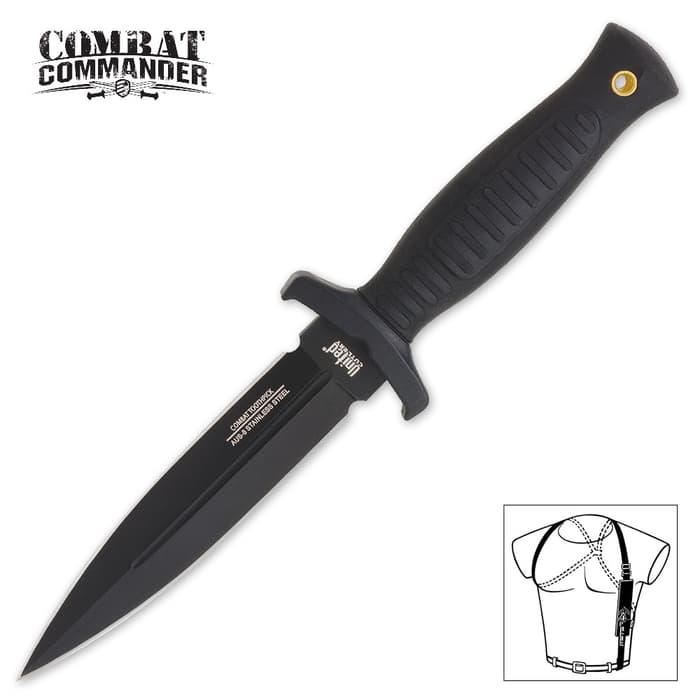 United Cutlery Commander Black Boot Knife has a black coated stainless steel blade and shoulder harness.