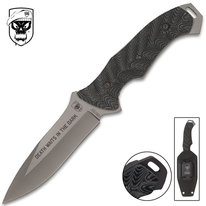 United Cutlery SOA Titanium Coated Micarta Handle has a 3Cr13 stainless steel blade with “Death Waits In The Dark” etched on the blade.