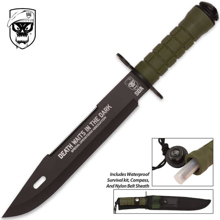 United Cutlery Death In The Dark Survival Knife has an etched black stainless steel blade and green rubberized handle with included survival kit.