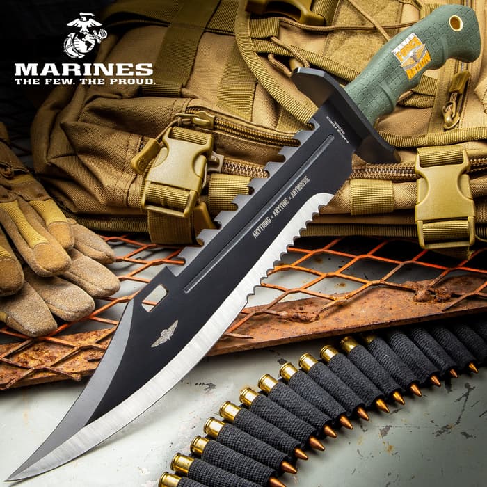 USMC Marine Recon Sawback Survival Giant Fixed Blade Bowie Knife has an anodized stainless steel blade and over-molded rubber handle grip.