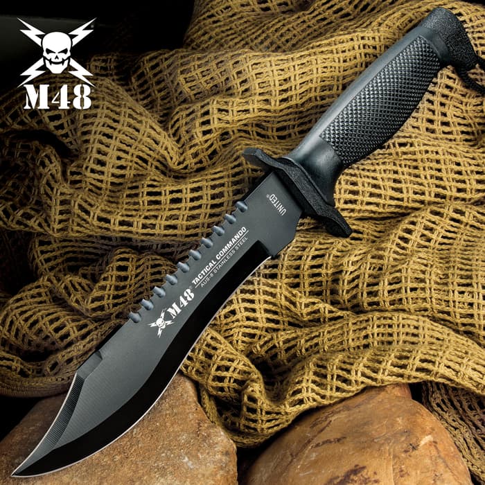 M48 Tactical Commando Knife has a black stainless steel blade with textured ABS handle shown on a tactical background.