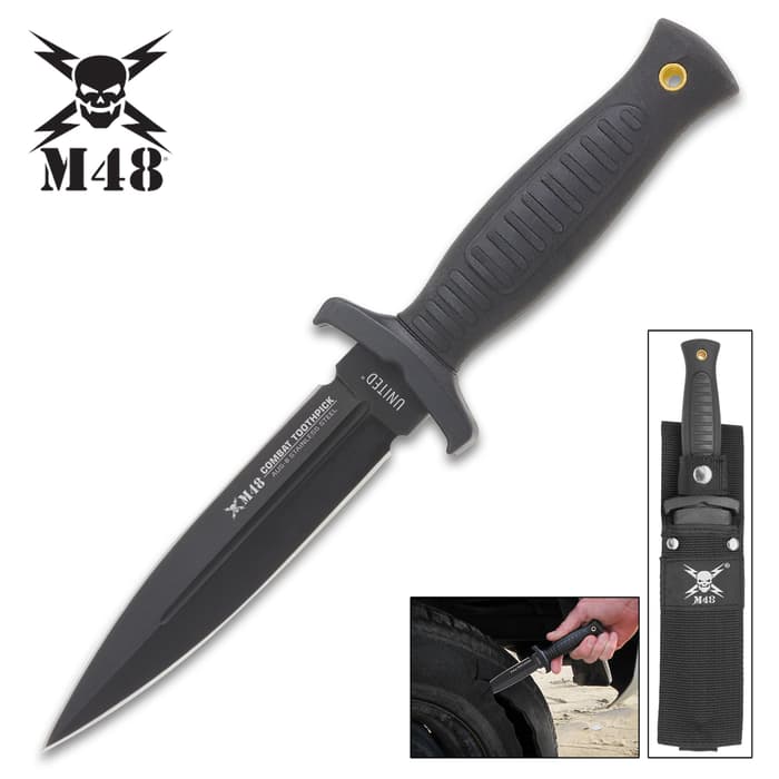 M48 Combat Toothpick Knife With Shoulder Harness - AUS-8 Stainless Steel Blade, TPR Handle, Brass Lanyard Hole - Length 9 1/4"