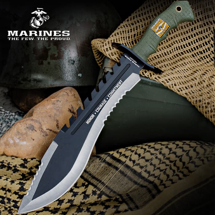 United Cutlery USMC Marine Kukri has “Honor Courage Commitment” engraved on the stainless steel blade with sharp serrations.