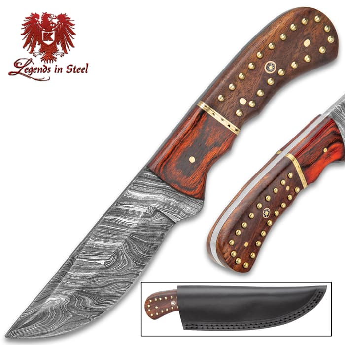 Legends in Steel Damascus Crusader Knife with Genuine Leather Sheath