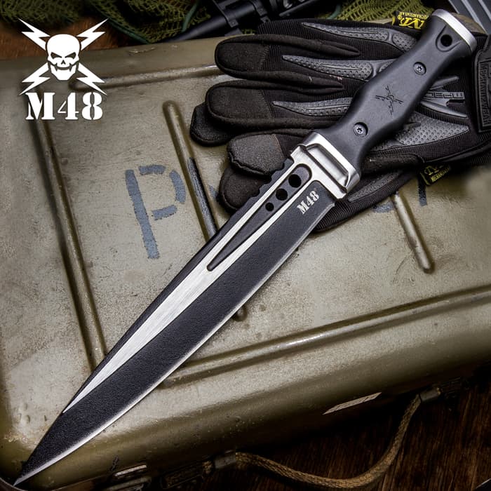 M48 Highland Scottish Dirk With Sheath - Cast Stainless Steel Blade, Black Oxide Coated, TPR Handle, Stainless Steel Pommel And Guard, Lanyard Hole - Length 15 1/8”