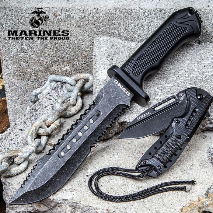 USMC Brotherhood Two-Piece Set With Sheath - Officially Licensed, 3Cr13 Stainless Steel Blades, Polymer Handles