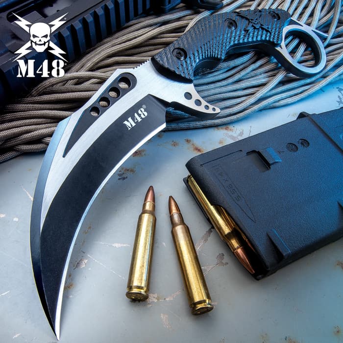 M48 Liberator Falcon Karambit Knife And Sheath - Cast Stainless Steel Blade, Black Oxide Coating, Injection Molded Nylon Handle - Length 10”