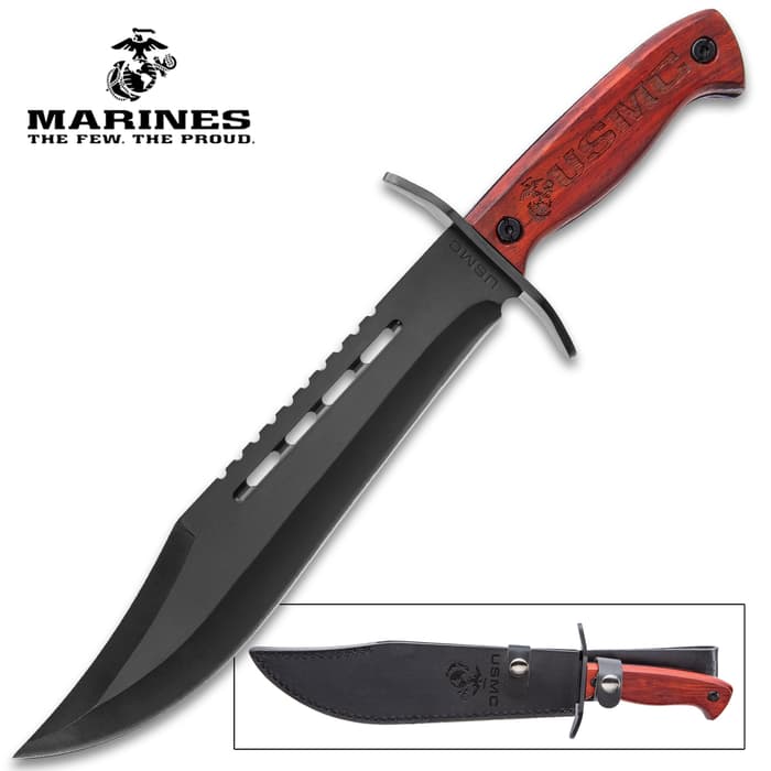 USMC Bowie Knife With Sheath - Stainless Steel Blade, Marines Themed Etches, Wooden Handle Scales - Length 14 1/2”