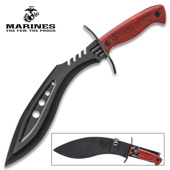 USMC Kukri Knife With Sheath - Stainless Steel Blade, Marines Themed Etches, Wooden Handle Scales - Length 15”