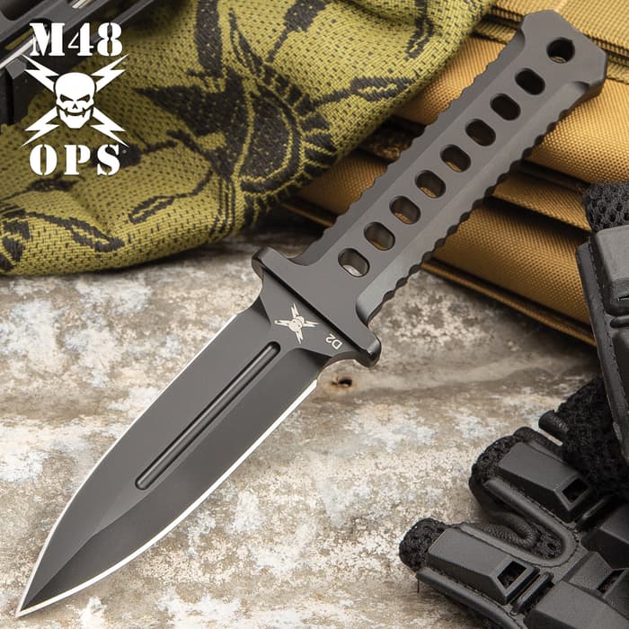 M48 Black Combat Dagger With Sheath - CNC Machined D2 Tool Steel, Non-Reflective Finish, Perforated Handle - Length 8 3/4”