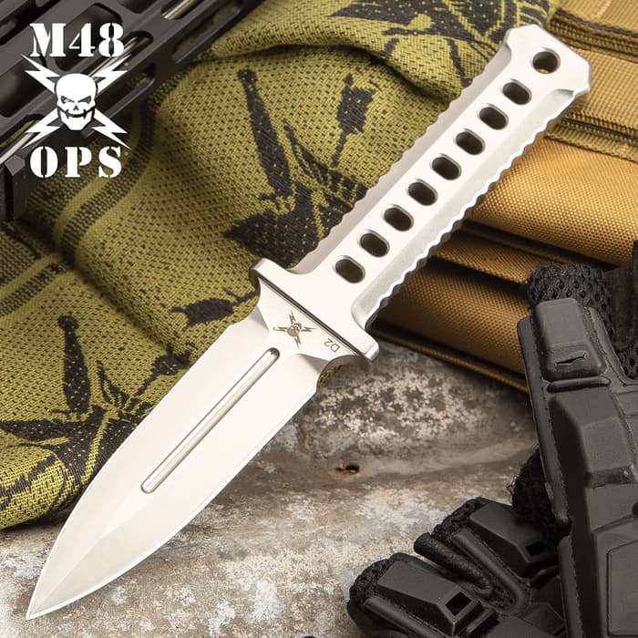 M48 OPS Combat Dagger With Sheath - CNC Machined D2 Tool Steel, Satin Finish, Perforated Handle - Length 8 3/4”
