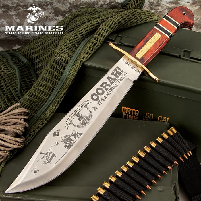 USMC Commemorative Bowie Knife - 3Cr13 Stainless Steel Blade, Wooden Handle, Gold-Plated Medallion, Lanyard Hole - Length 16”