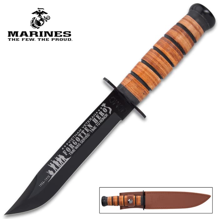 The classic USMC Vietnam Commemorative Knife features Vietnam Veteran themed etched artwork in bright, white
