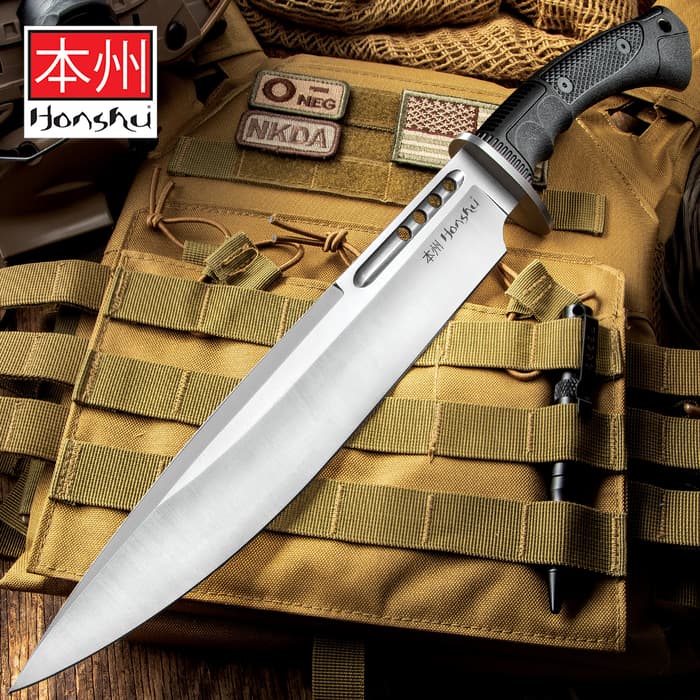 Honshu Boshin Toothpick Knife With Sheath - 7Cr13 Stainless Steel Blade, Contoured TPR Handle, Lanyard Hole - Length 18 3/4”