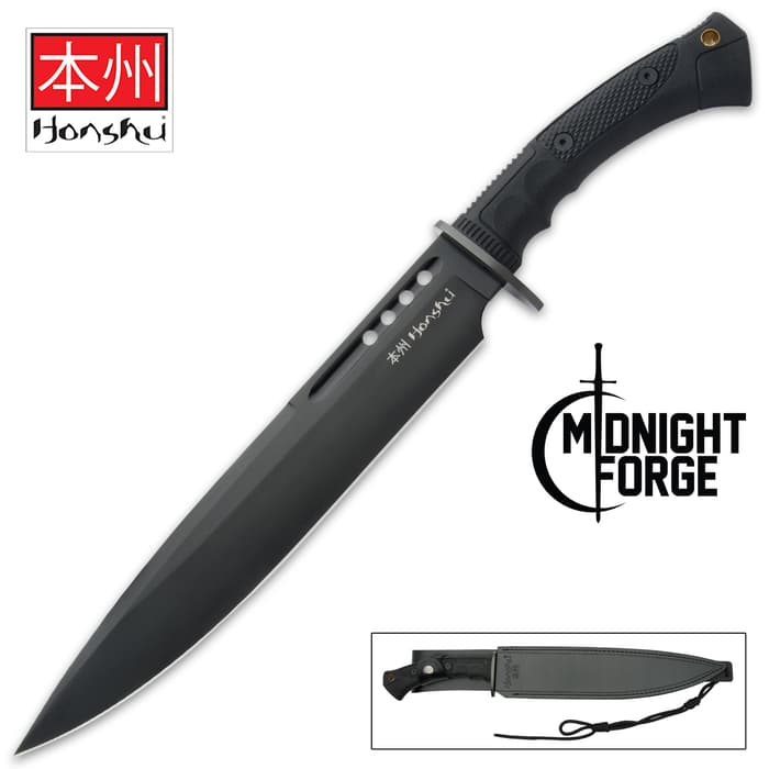 The Honshu Boshin Midnight Forge Toothpick Knife is shown with 12” black blade and TPR handle and shown inside a leather sheath.