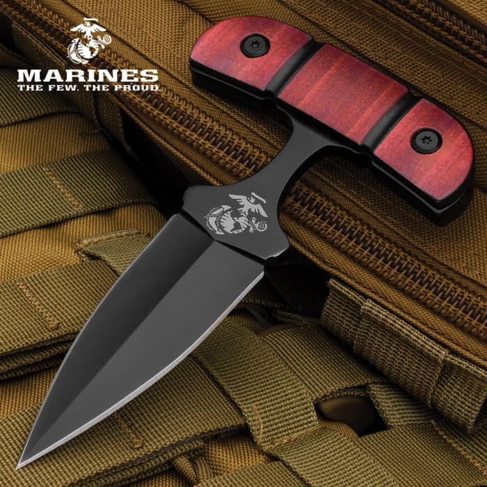 USMC Push Dagger And Sheath - Stainless Steel Blade, Non-Reflective Finish, TPU Stacked Handle, 3-D Printed - Length 5 1/2”