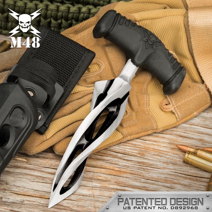 M48 Cyclone Push Dagger And Sheath - 2Cr13 Cast Stainless Steel Blade, Black Oxide Coating, TPR Rubber Handle - Length 7 3/8”