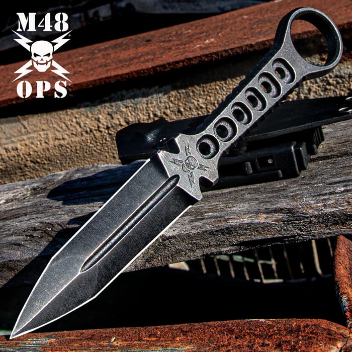 M48 Tanker Combat Dagger And Sheath - 3Cr13 Stainless Steel Construction, Stonewashed Finish, Open-Ring Pommel