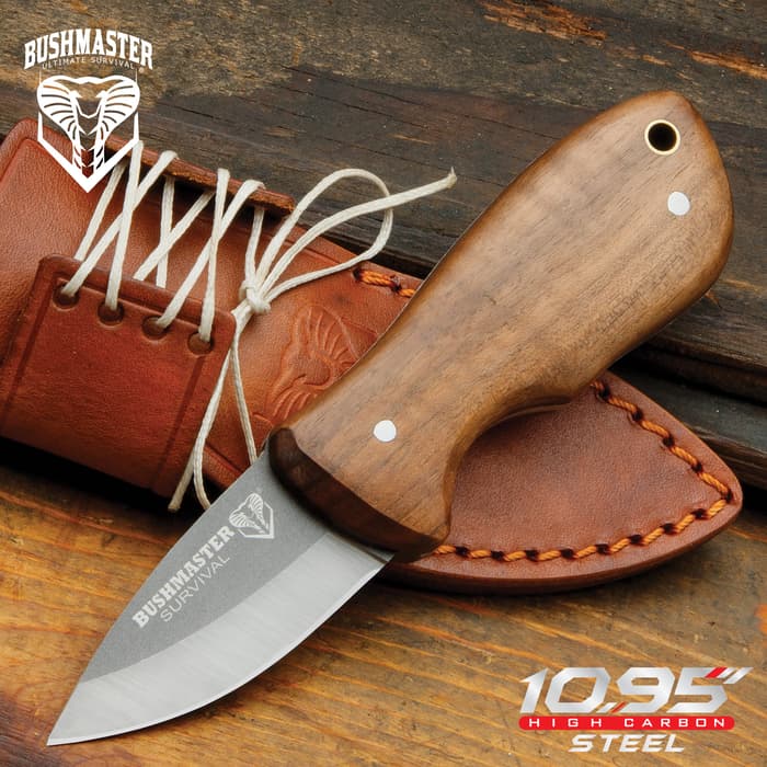 Bushmaster Marajó Bushraft Knife And Sheath - 1095 High Carbon Steel Blade, Hardwood Handle, Brass Pins - Length 6 3/8”