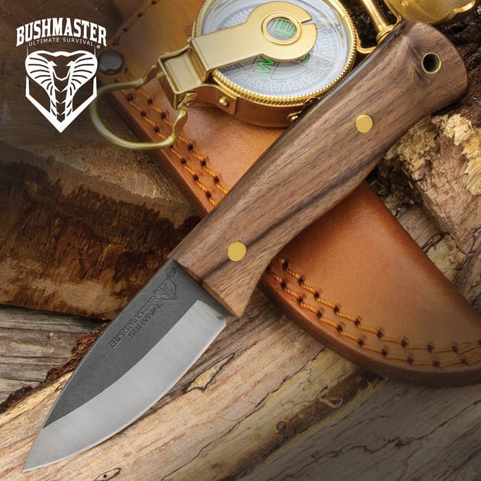 Bushmaster Bantam Bushcrafter Knife And Sheath - 1095 Carbon Steel Blade, Zebra Wood Handle, Brass Pins
