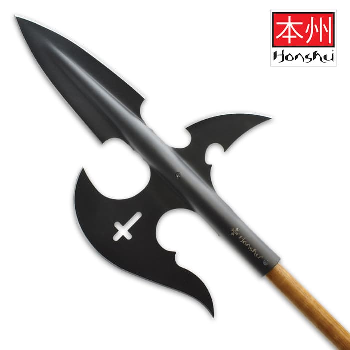 Honshu Halberd Spear- High Carbon Steel, Black Oxide Coating, Cross Cut-Out Accent - Length 19 3/5”