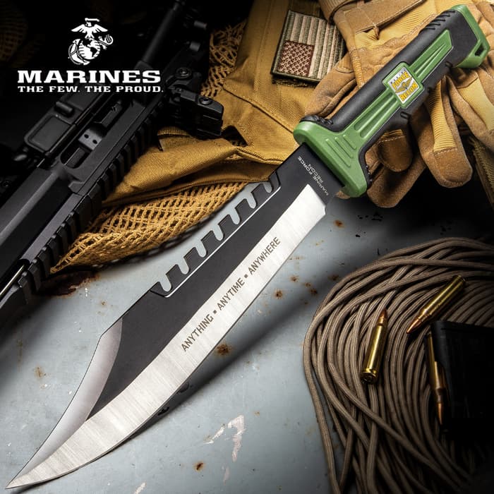 USMC Marine Force Recon Jungle Operator Bowie Knife And Sheath - Stainless Steel Blade, Sawback Serrations, Rubberized Handle - Length 15 1/2”
