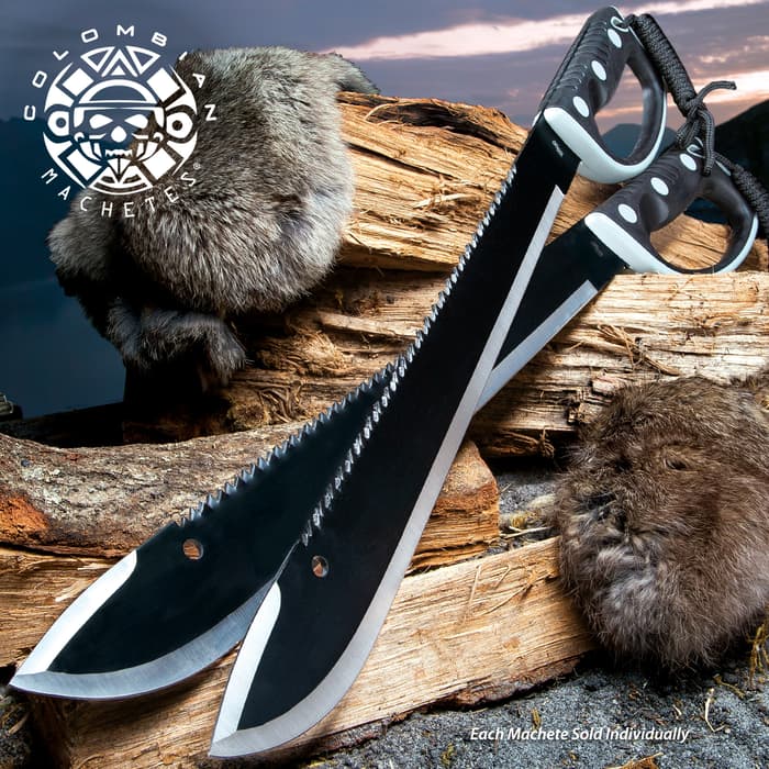 United Cutlery Colombian Machetes Sawback Survival Machete shown with black stainless steel blade with sawback serrations.