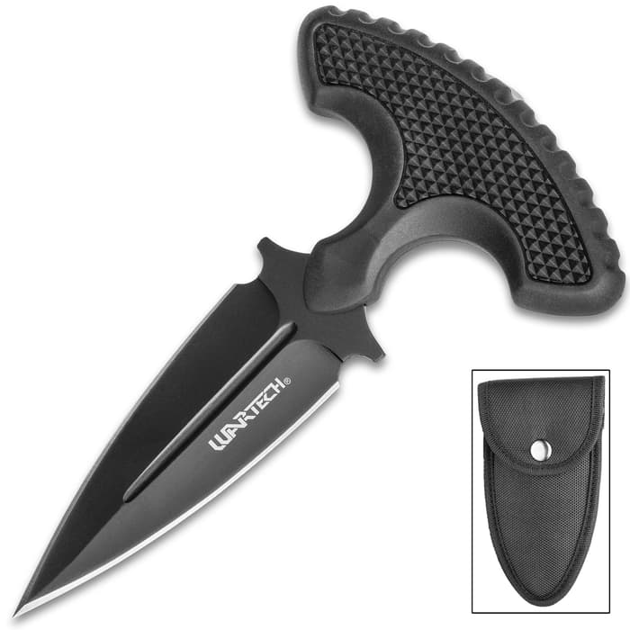 Black Combat Tactical Push Dagger With Sheath - 3Cr13 Stainless Steel Double Edge Blade, Grippy TPR Handle - Length 6”