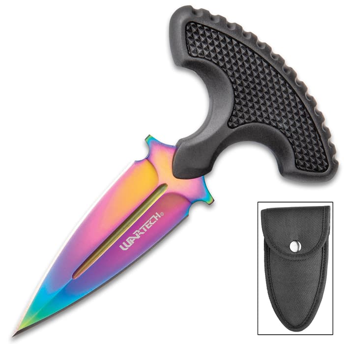 Rainbow Combat Tactical Push Dagger With Sheath - 3Cr13 Stainless Steel Double Edge Blade, Grippy TPR Handle - Length 6”