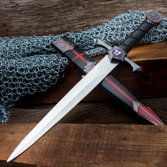 The Crusader Knight Silver Display Dagger shown with its scabbard