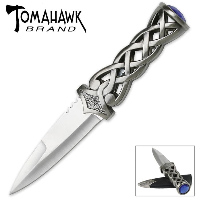 Twisted Steel Scottish Dirk Knife has a stainless steel blade and twisted handle with faux blue jewel pommel.