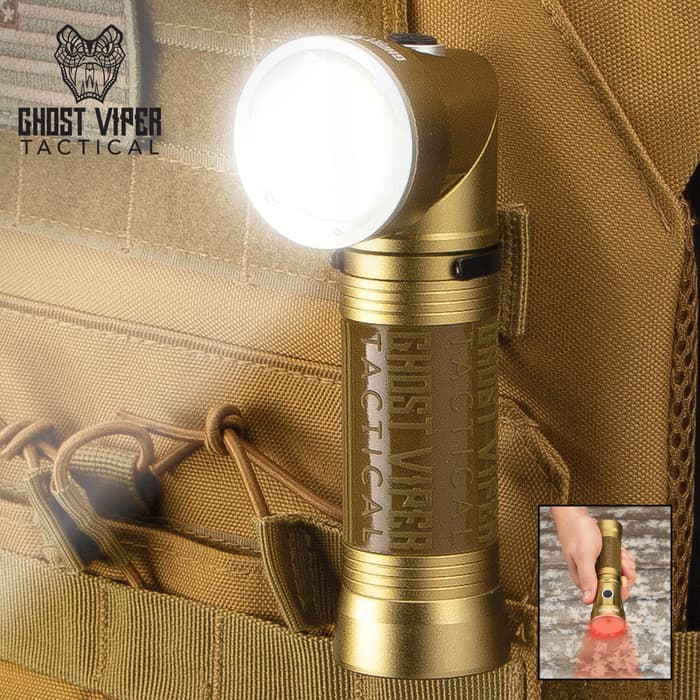 Ghost Viper Tactical Tan Swivel Head Flashlight - Aluminum And Rubber Construction, COB And LED Lights, Magnetic Base, Belt Clip